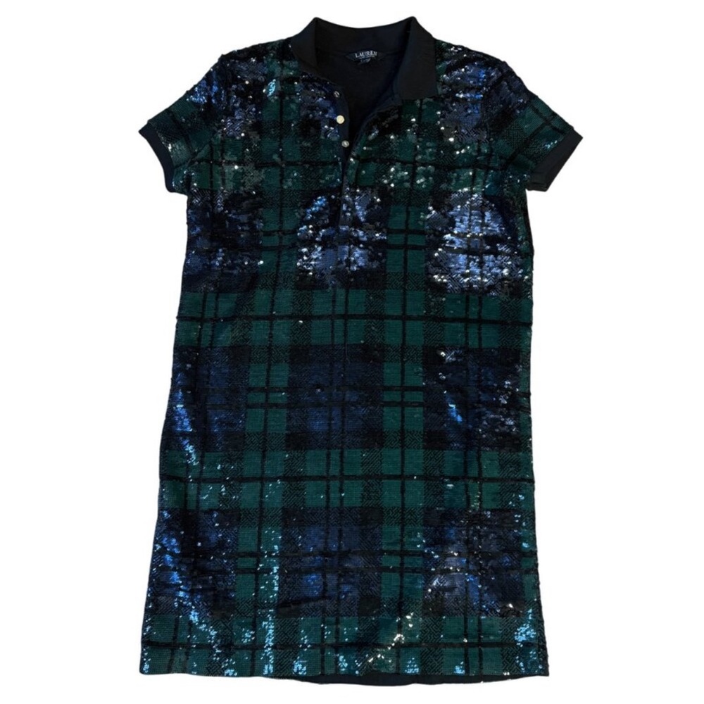 NEW Ralph Lauren Black Label Sequin Plaid Polo Dress Sz XL in Green Blue Black - Picture 2 of 3